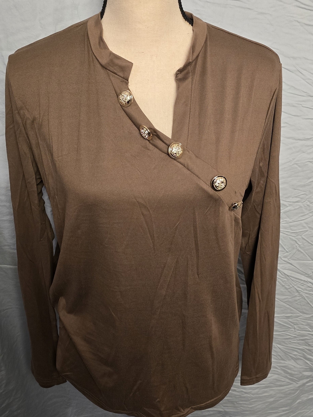 SHEIN Brown Long-Sleeve Asymmetric Button Top